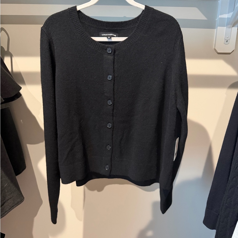 Lucky Brand Black Button-Front Cashmere Crewneck Cardigan — Size XL — NWT